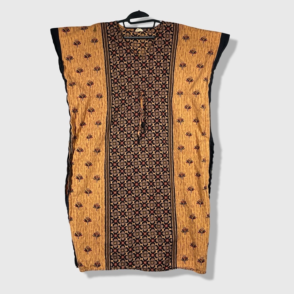 Kings Road Kaftan‎ Dress Womens Free Size Orange Black Boho Ethnic Cotton Maxi